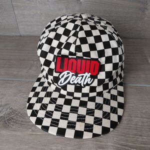 Liquid Death Hat Cap Black White Adjustable Checkerboard Retro Graphic Spellout